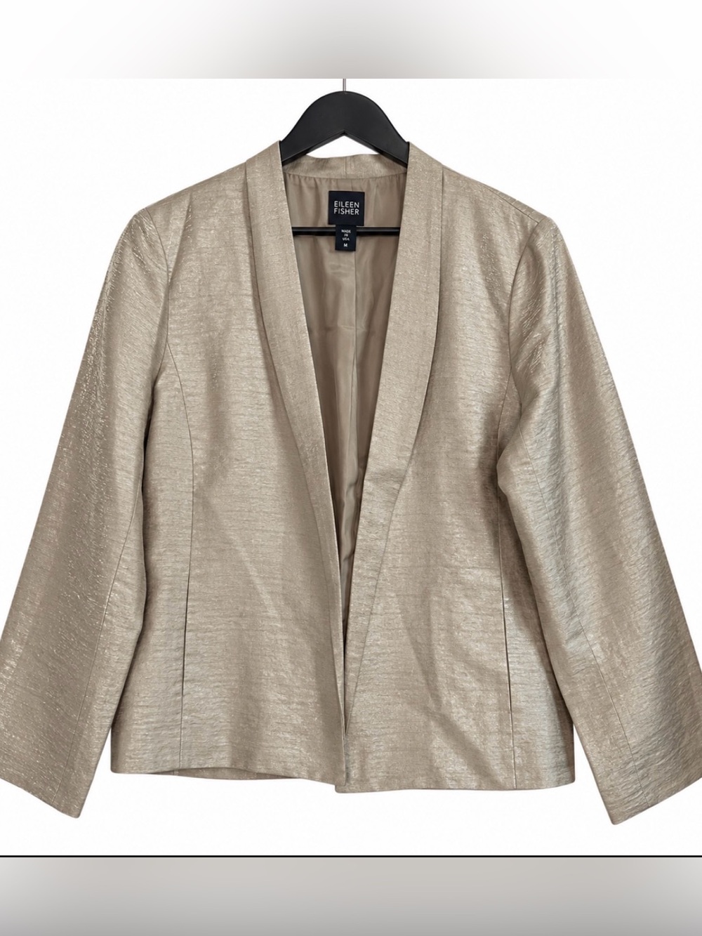 Eileen Fisher Metallic Linen Silk Open Front Blazer Jacket M Italian Fabric